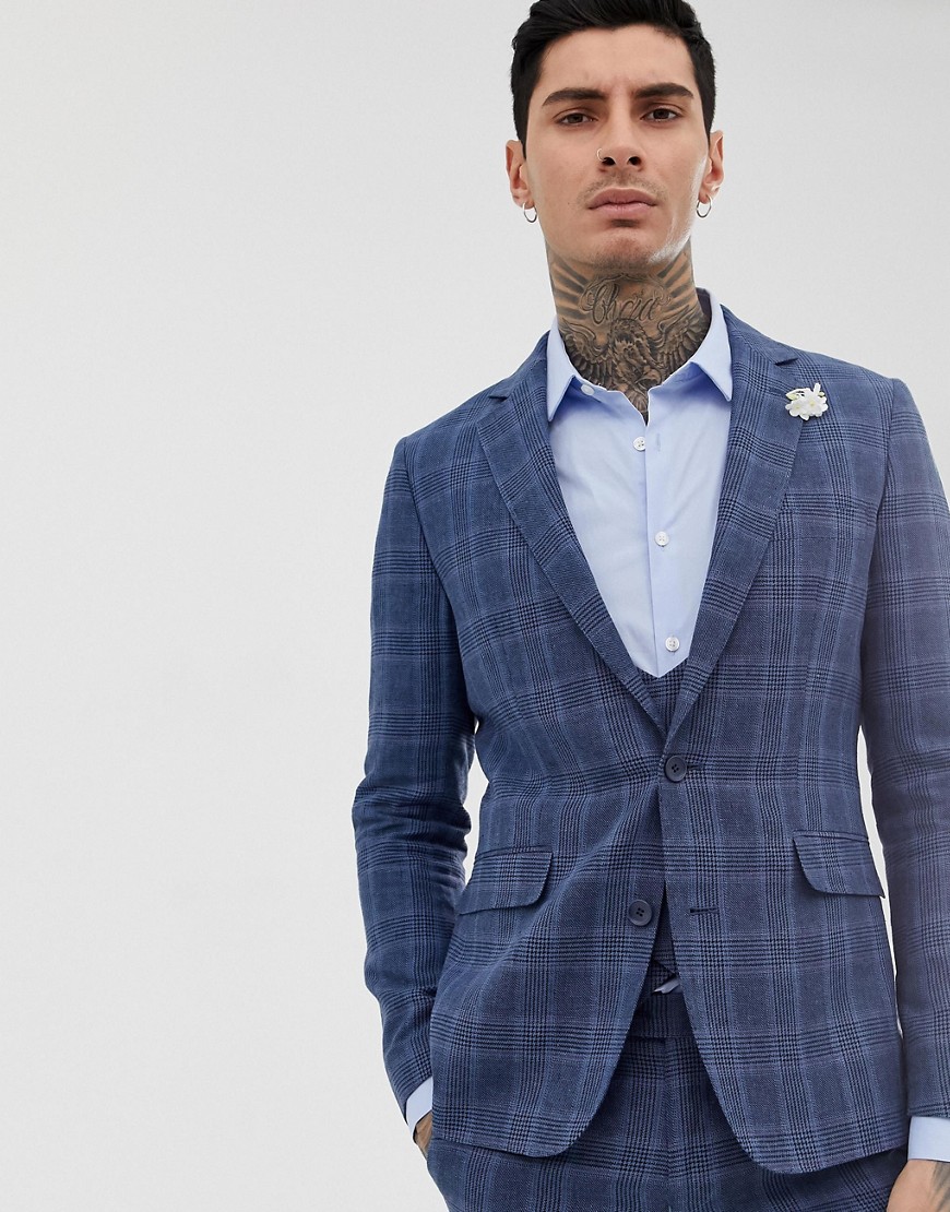 Gianni Feraud slim fit linen blend check suit jacket-Blue