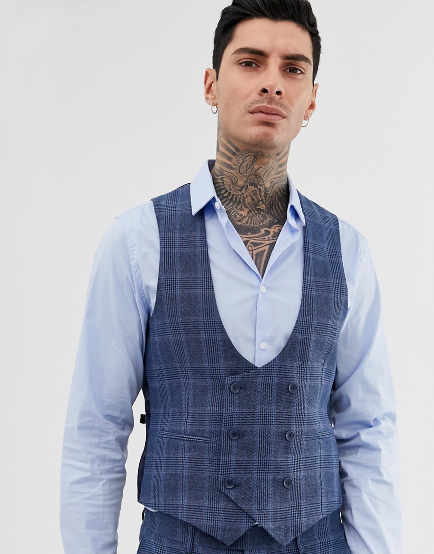 Gianni Feraud slim fit linen blend check waistcoat double breasted scoop-Blue