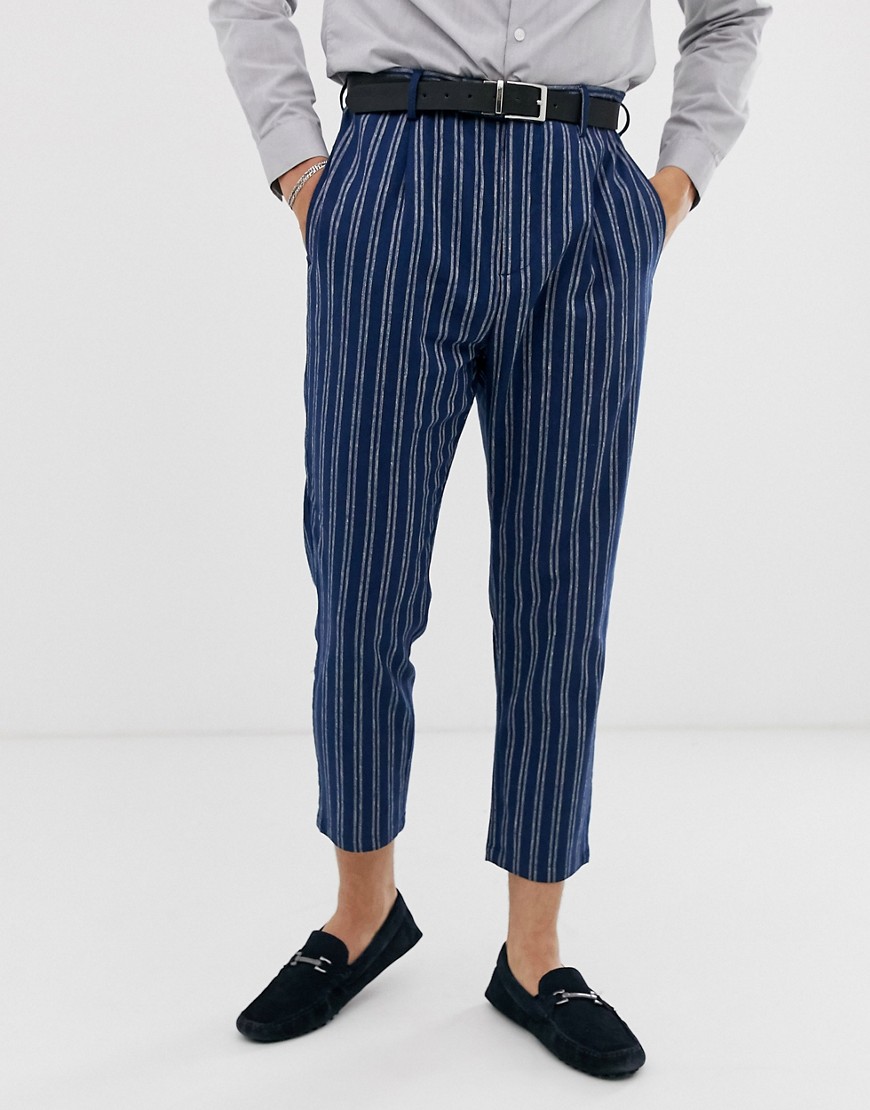 Gianni Feraud slim fit linen blend stripe pleated cropped suit trousers-Blue