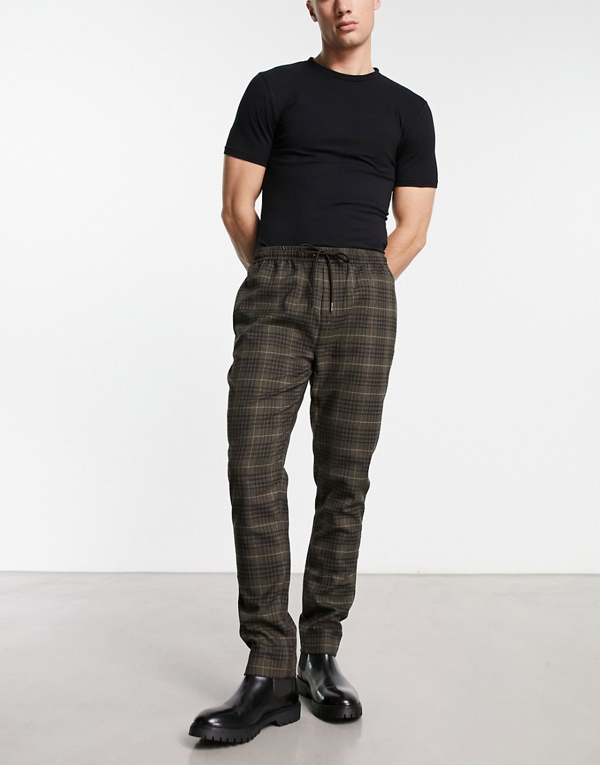 Gianni Feraud slim fit smart pants with drawstring waist in brown check