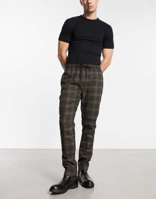 Gianni Feraud slim fit smart pants with drawstring waist in brown check - Click1Get2 Cyber Monday