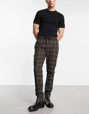 Gianni Feraud slim fit smart pants with drawstring waist in brown check - Click1Get2 Deals