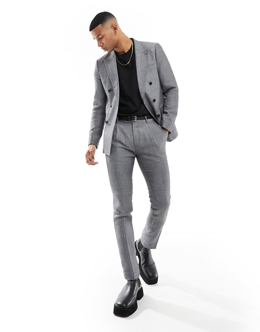 slim fit suit pants in herringbone black and white