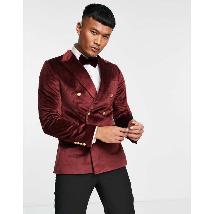 Double breasted 2025 red velvet blazer