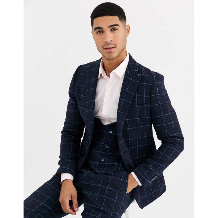 Gianni Feraud Slim Fit Wool Blend Blue Red Check Suit Jacket