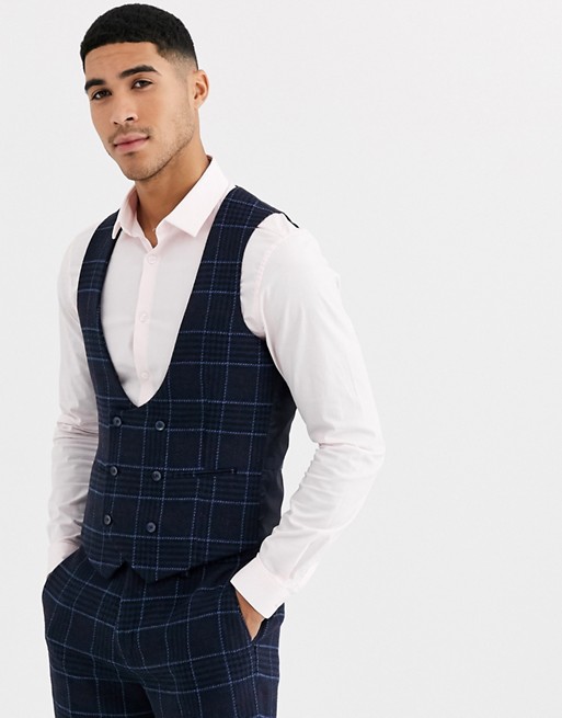 Gianni Feraud Slim Fit Wool Blend Blue Red Check Suit Waistcoat