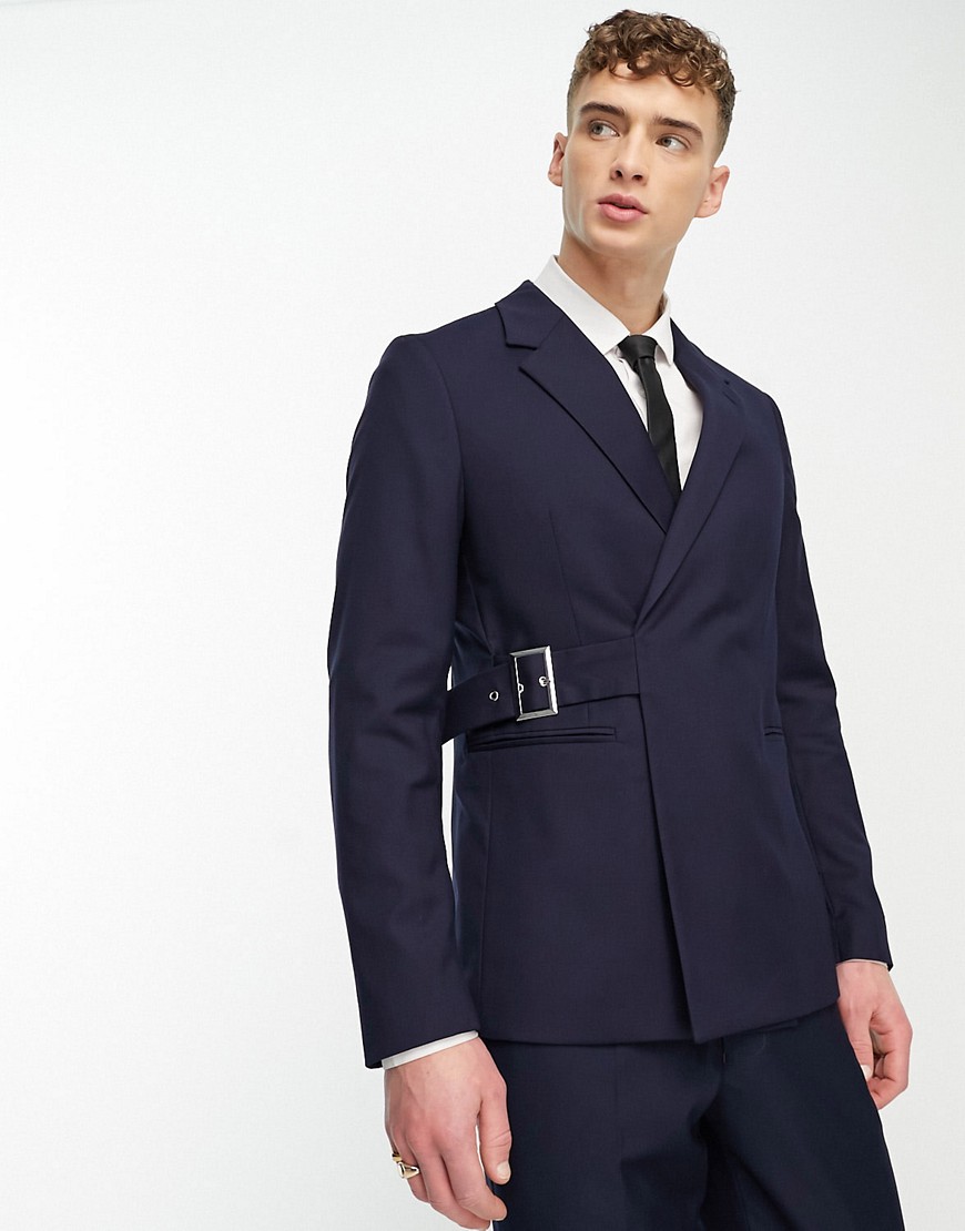 Gianni Feraud slim suit jacket with side buckle in navy