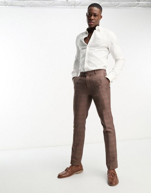 Gianni Feraud - Smalle pantalon met visgraatmotief in bruin