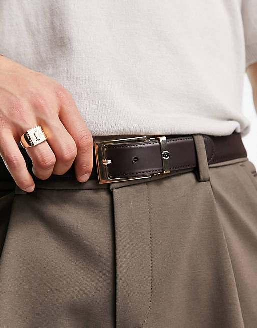 Gianni Feraud Smooth Leather Belt with Chunky Gold Buckle in Black-Brown - ASOS Outlet