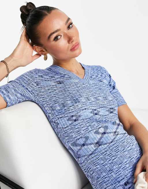 Gianni Feraud spaceknit V-neck mini dress in blue, 4 of 4