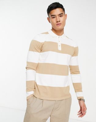 Gianni Feraud long sleeve knitted polo top in beige and white stripe
