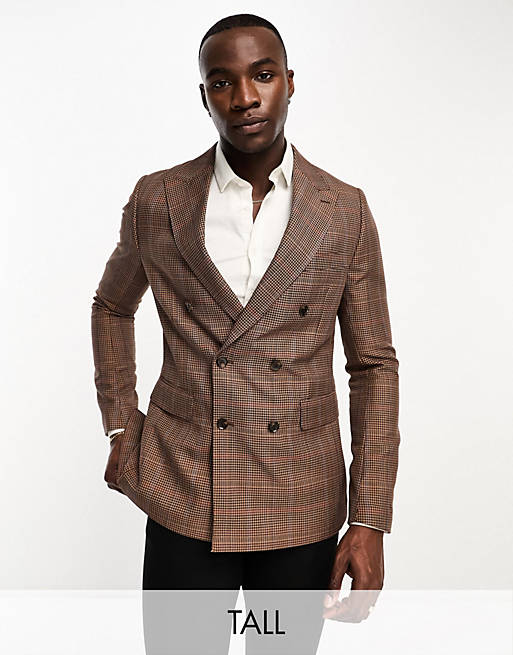 Gianni Feraud Tall double breasted slim suit jacket in brown ...