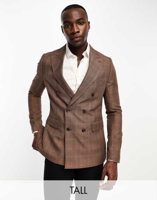 Gianni Feraud Tall double breasted slim suit jacket in brown herringbone