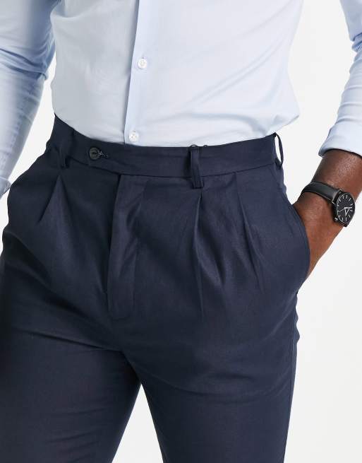 Gianni Feraud Tall - Geplooide broek van linnen in marineblauw, 3 van 4