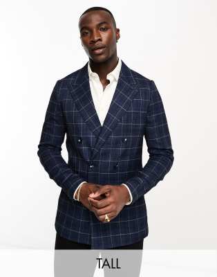 Gianni Feraud Gianni Feraud Tall skinny double breasted blue windowpane suit jacket