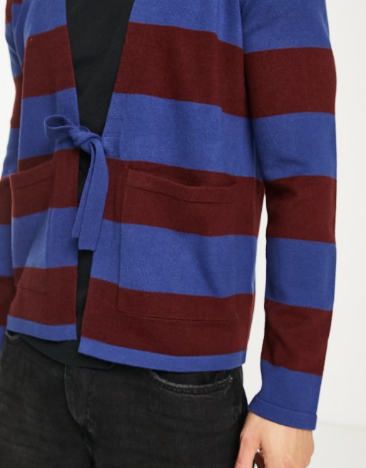 Gianni Feraud tie front cardigan in burgundy and blue stripe