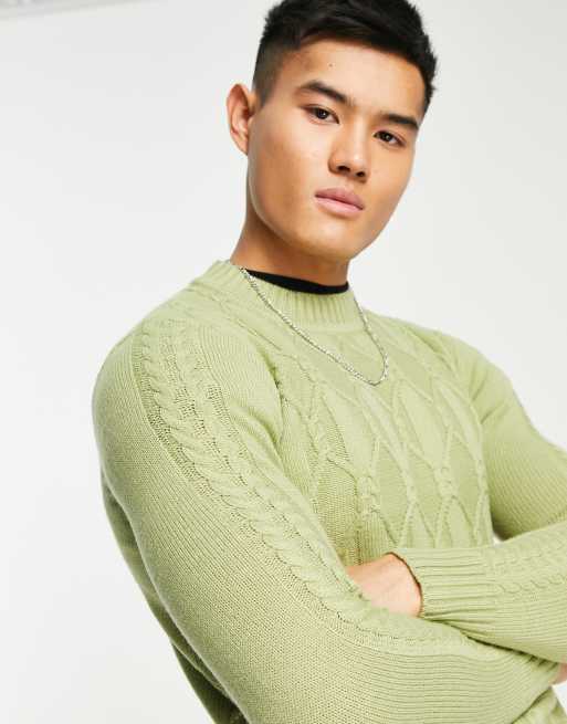 Gianni Feraud turtleneck cable knit jumper in sage green