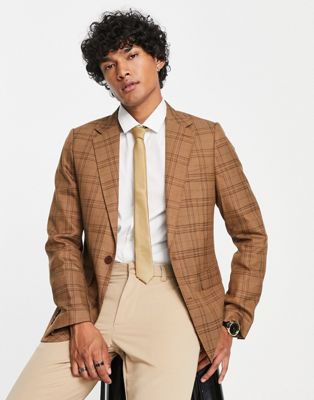 Gianni Feraud skinny suit jacket in brown check - ASOS Price Checker