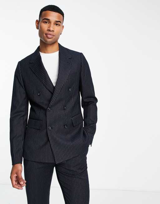 Gianni Feraud - Veste de costume ajustée à double boutonnage et fines rayures - Bleu marine