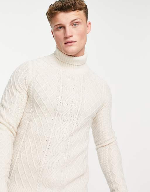 Gianni Feraud waffle cable knitted roll neck jumper in cream | ASOS