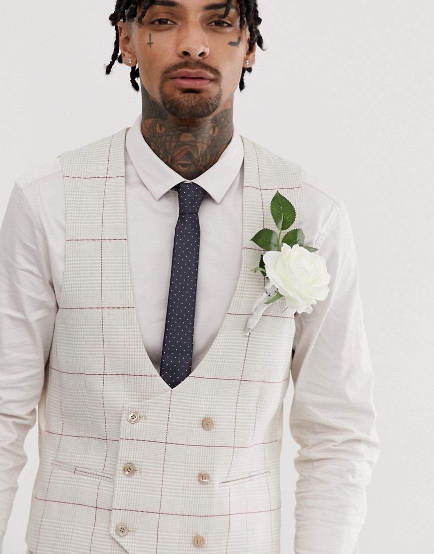 Gianni Feraud wedding skinny fit check curved double breasted waistcoat-White