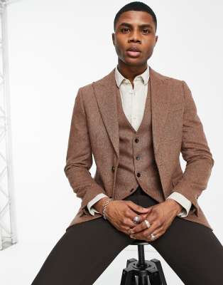 Gianni Feraud Gianni Feraud wedding slim fit herringbone wool blend wide lapel suit jacket-Brown