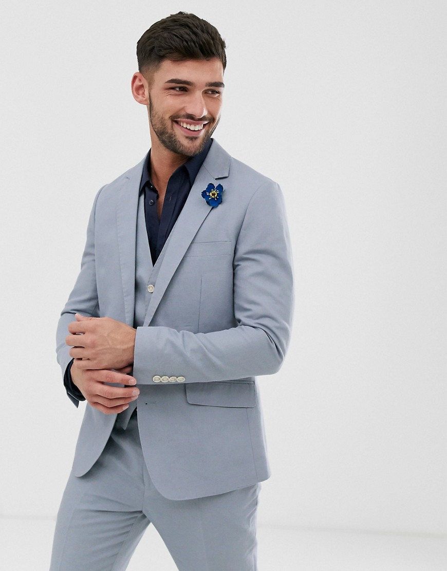 Gianni Feraud Wedding Slim Fit Linen Plain Suit Jacket-Blue
