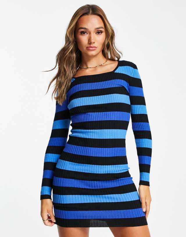 Gianni Feraud wide stripe long sleeve midi dress in blue