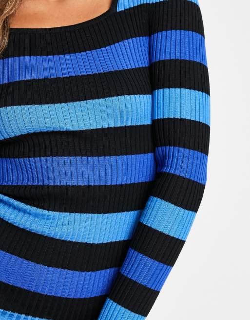 Gianni Feraud wide stripe long sleeve midi dress in blue, 3 of 4