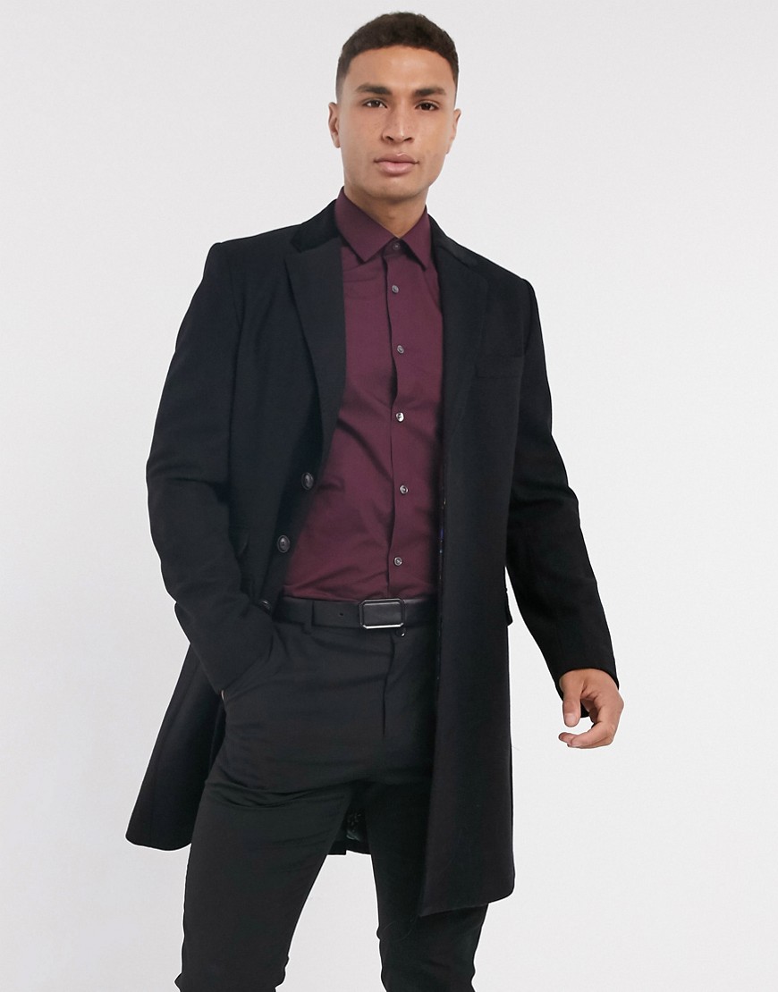 Gianni Feraud wool blend single breasted classic overcoat with velvet collar-Black