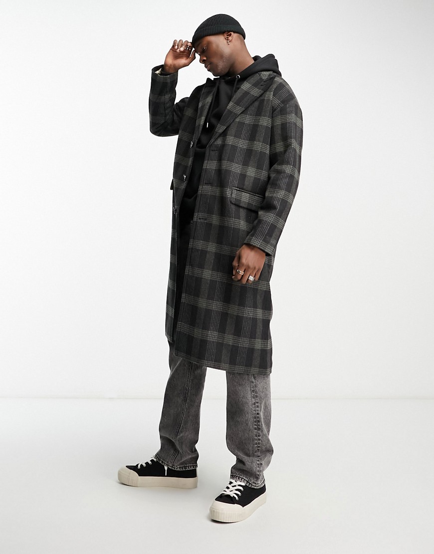 Gianni Feraud wool longline checked coat in green and black