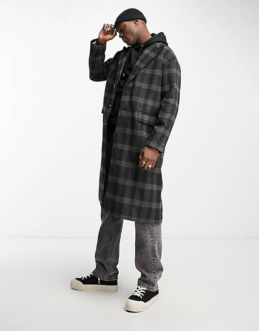Gianni Feraud wool longline checked coat in green and black | ASOS