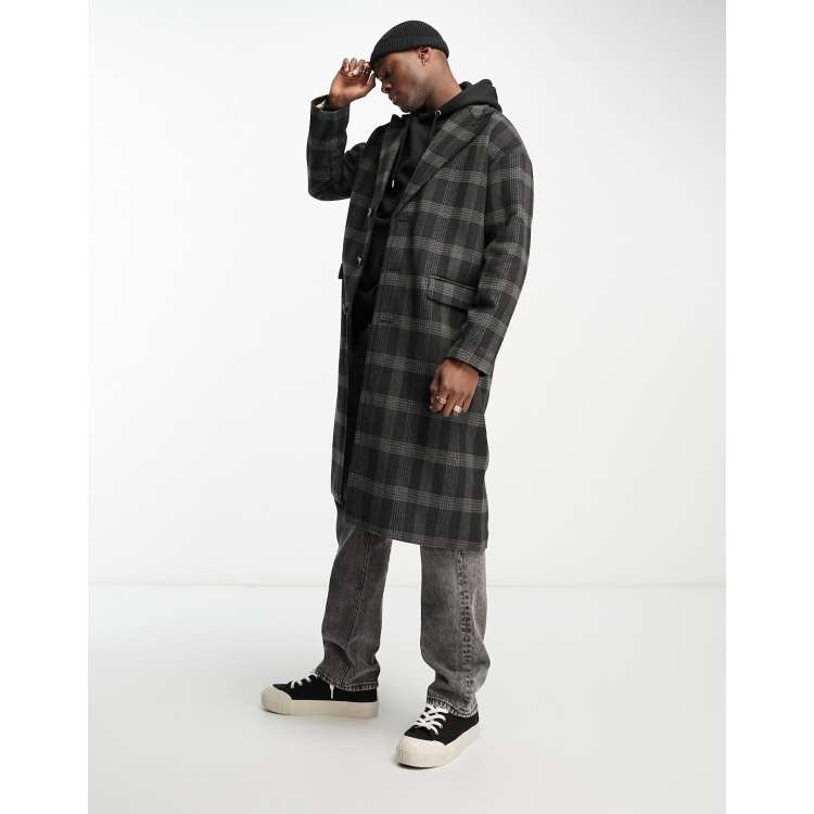 Gianni Feraud wool longline checked coat in green and black | ASOS