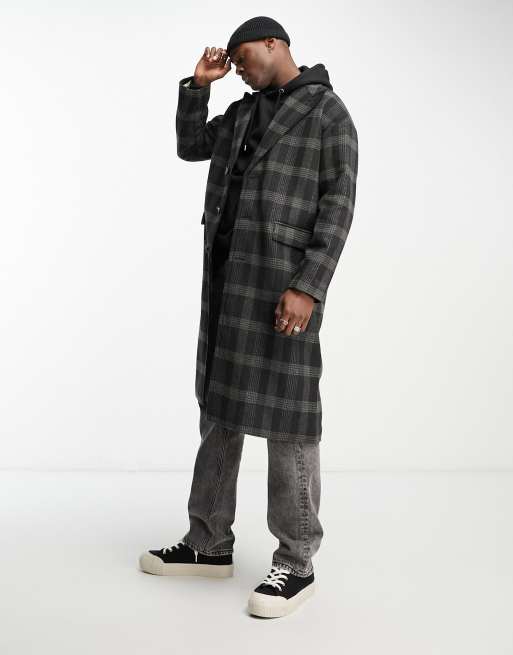 Green and black shop checkered wool coat