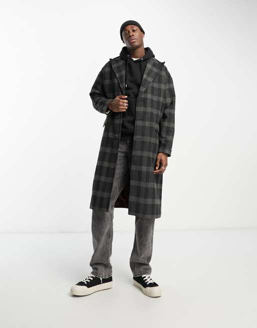 Gianni Feraud wool longline checked coat in green and black メンズ-