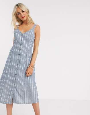 blue and white striped button down dress