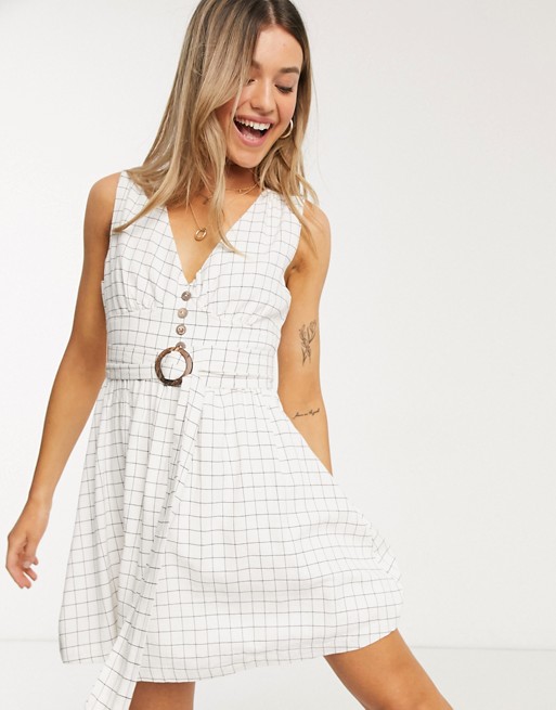 Gilli button down mini dress with belt detail in check