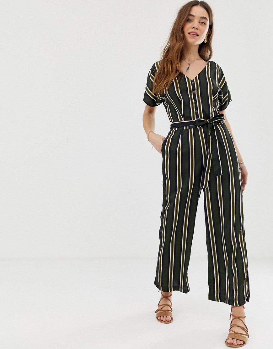 Gilli button front jumpsuit with tie waist in stripe-Multi