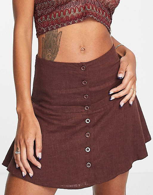 Gilli button front mini skirt in brown