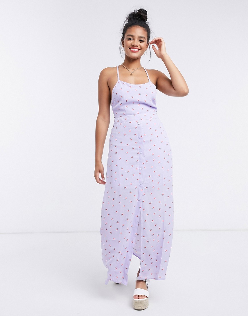 Gilli Cami Maxi Dress With Cross Back Detail In Lilac Floral-purple