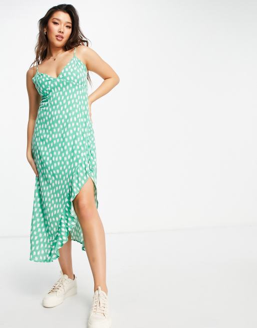 Gilli cami strap midi dress with asymmetrical ruffle hem in green | ASOS