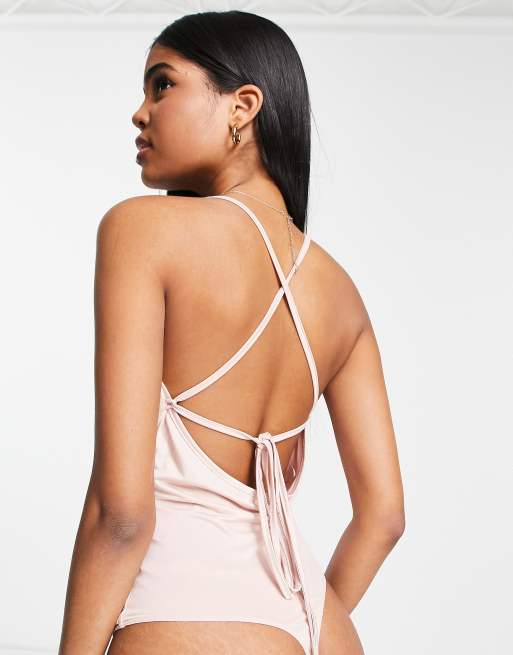 Gilli cowl neck criss cross strap bodysuit in pink