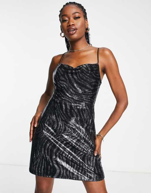 Gilli cowl neck tie back mini dress in zebra sequin