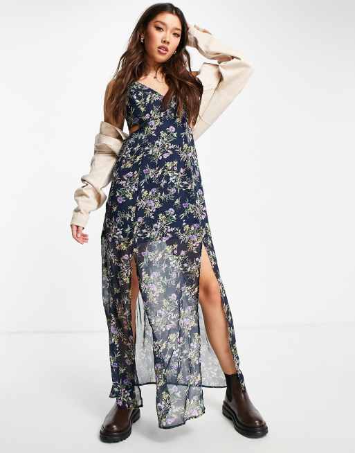 Gilli floral print side split maxi dress in navy | ASOS