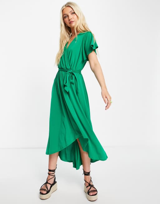 Gilli flutter sleeve wrap midi dress in green