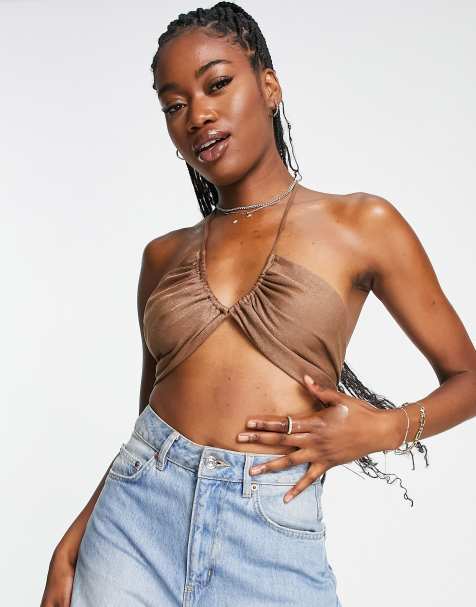 Gilli halter neck strappy crop top in brown - view 1
