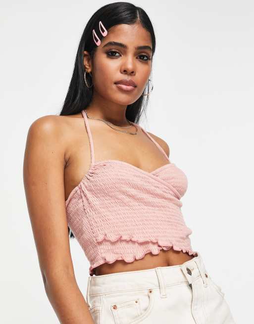 Lillidi Halter Pearl Backless Top In Pink