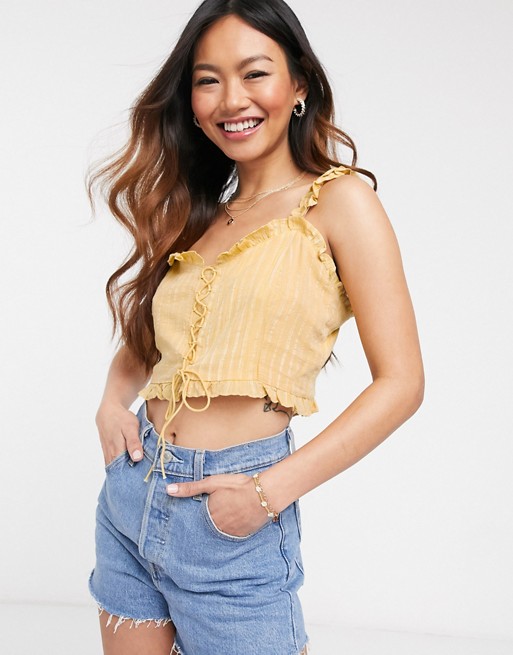 Gilli lace up crop top in yellow gingham