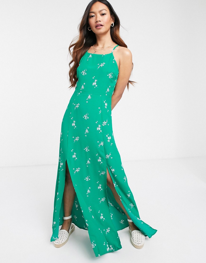 Gilli - Lange jurk met vierkante hals en gekruisde bandjes aan de achterkant in groen met bloemenprint