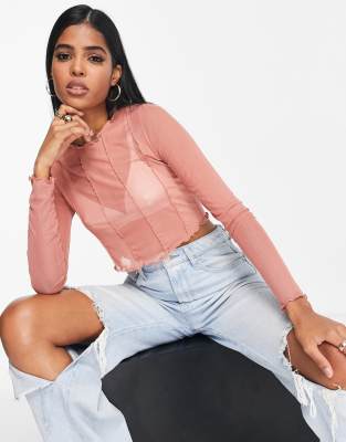 Gilli long sleeve mesh top with seam detail in pink